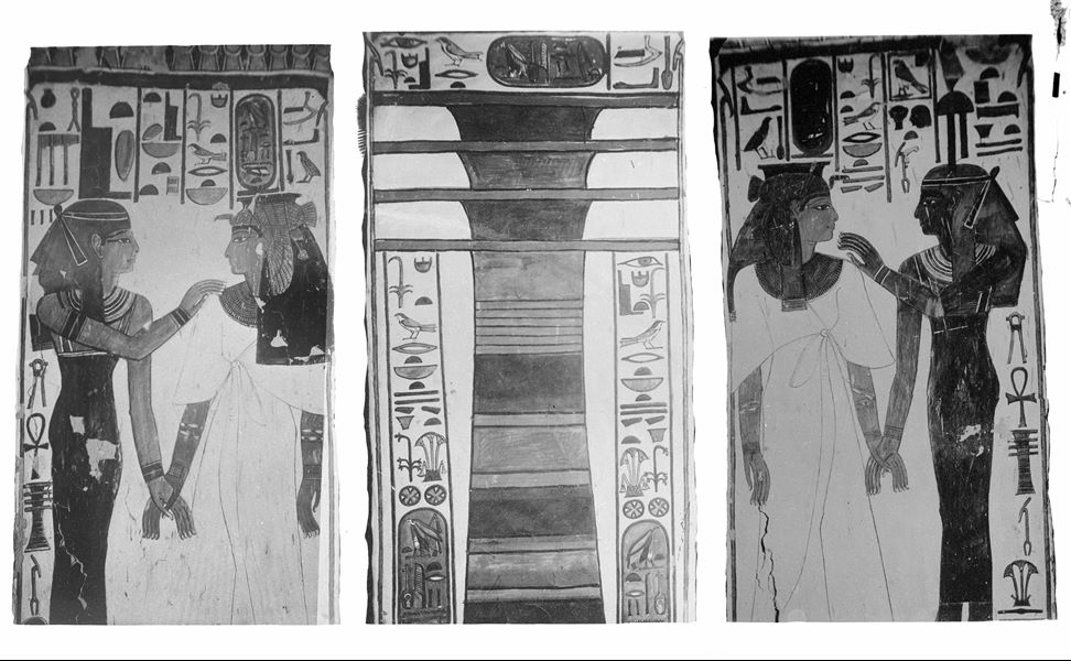 Photographic collage of three sides of two pillars from the burial chamber, from left: pillar B, side b (the goddess Isis and Nefertari); pillar A, side c (a Djed pillar); pillar B, side c (the goddess Hathor and Nefertari).