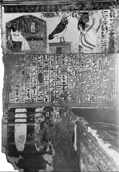 Interior of the tomb of Nefertari, antechamber, scene 2: the queen is depicted playing senet, her Ba is on a small temple, followed by the queen (once again) in the act of adoration. In the centre, Spell 17 of the Book of the Dead. The lower register shows a decoration composed of Djed pillars and Tit knots.