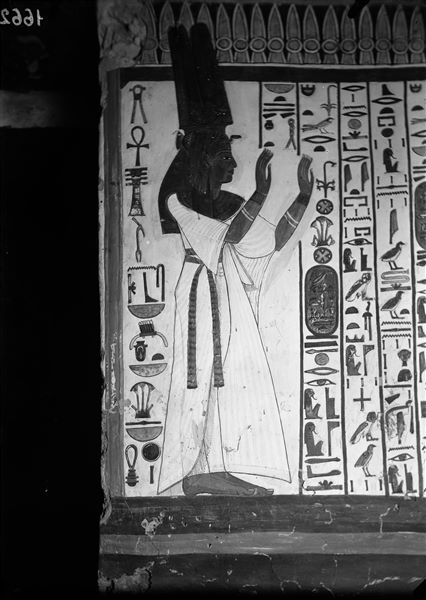 Burial chamber, south wall, west side, scene 29. Nefertari is depicted in the act of adoration, facing west (right) in the direction of the first portal and three guardians who are depicted on the same wall but not visible in this photograph. Spell 144 of the Book of the Dead begins on this wall.