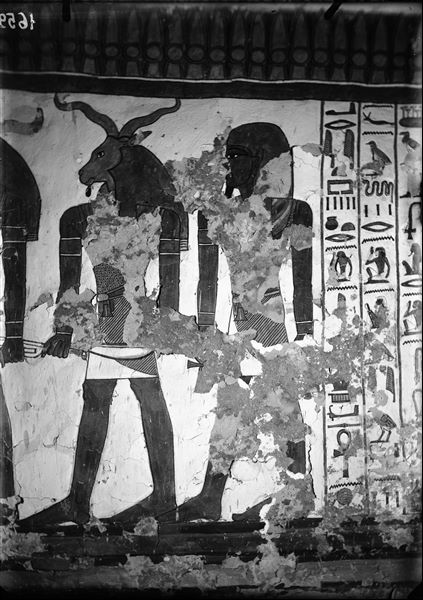 Burial chamber, north wall, scene 31. On the left, the three guardians of the fourth portal, which Nefertari must pass through, are visible. There is also a continuation of the text from Spell 144 of the Book of the Dead. In recent times, part of the plaster from this wall has collapsed.