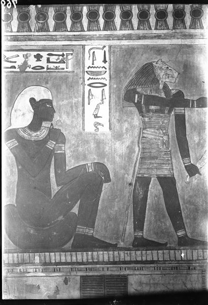 North wall (of the entrance), west side of the rear annex (scene 18) from tomb QV44. The god Heryma’at is depicted on the left and the lion-headed spirit Nebneryu is on the right. Schiaparelli excavations.