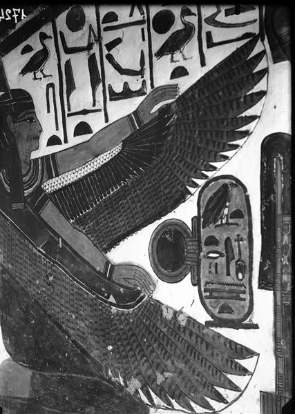 Corridoio discendente, parete est, scena 23. Nella parte alta del corridoio discendente, sono presenti una serie di divinità, che ricevono offerte da Nefertari. La prima, ad occupare la porzione di muro che segue l’andatura discendente dell’ambiente, è, inginocchiata, la dea Maat alata.