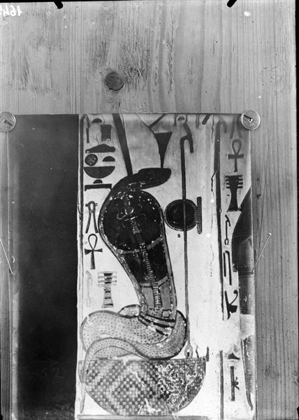 Corridoio discendente, scena 28, lato est dell’accesso alla camera funeraria. È raffigurato un serpente con Doppia corona o Pschent, identificato con Wadjet, che rappresenta il Basso Egitto, su di un cesto a sua volta poggiante su due pilastri Djed. La dea è rivolta verso il corridoio.