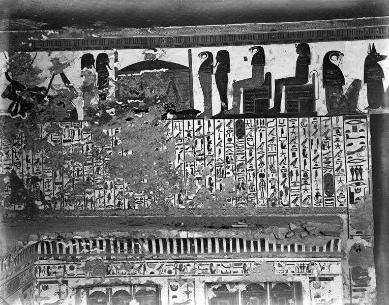 Veduta dell’anticamera, parete nord, scena 4. Nel registro superiore, sono presenti (da sinistra) la vacca celeste, una cassetta canopica con la rappresentazione animale del dio Anubi, ai cui lati sono presenti a coppie i quattro figli di Horus. Due figure assise seguono la scena, forse gli dei Ra e Shu. Le due figure rivolte verso destra, infine, sono Horus e Qebehsenuef, facenti parte della scena 19. Il registro centrale mostra il cap. 17 del Libro dei Morti.