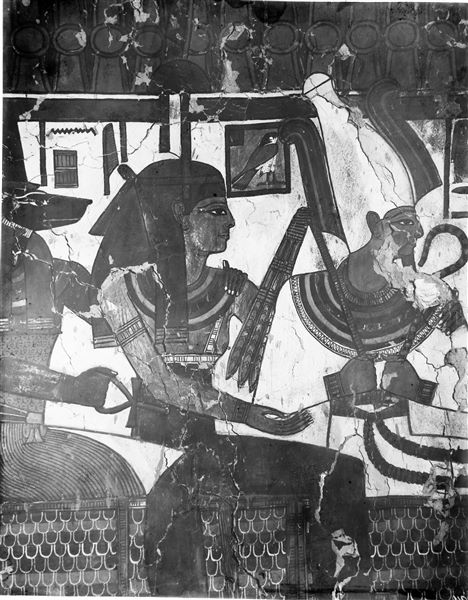 Camera funeraria, parete nord, lato est, scena 35. Tre divinità assise, Osiride, Hathor e Anubi, ricevono offerte da Nefertari.