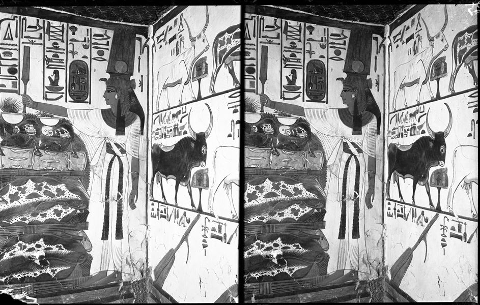 Angolo sud-est del primo annesso orientale, dove sono visibili alcune parti delle scene 17 e 18. La parete sud (scena 17) mostra la rappresentazione del cap. 148 del Libro dei Morti, con una teoria di sette vacche e un toro, qui visibile nel registro centrale. La parete est (scena 18) mostra Nefertari con lo scettro Sekhem, davanti a un un tavolo colmo di offerte di nell’atto di compiere offerte in onore del dio Atum, qui non visibile.