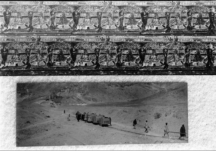 Photograph consisting of two images. The upper one shows a decorative element from a tomb's wall, and the lower one displays the transportation of material from the Valley of the Queens, using Decauville railways. The mission’s camp can be viewed in the background. The number of tents could indicate that this photo comes from the 1906 excavation campaign. Schiaparelli excavations.