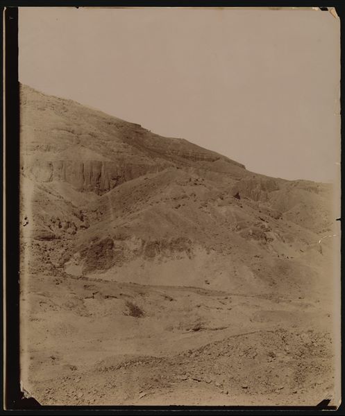 Image taken during the work of the Italian Archaeological Mission in the Valley of the Queens near the large adjoining valley, where some excavation surveys can be seen. Schiaparelli excavations.  