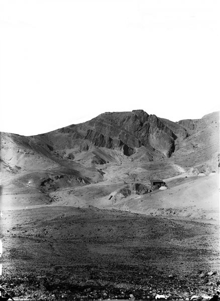 View of the Valley of the Queens. On the right, the camp of the Italian Archaeological Mission near the Coptic monastery at Deir er-Rumi. Schiaparelli excavations.