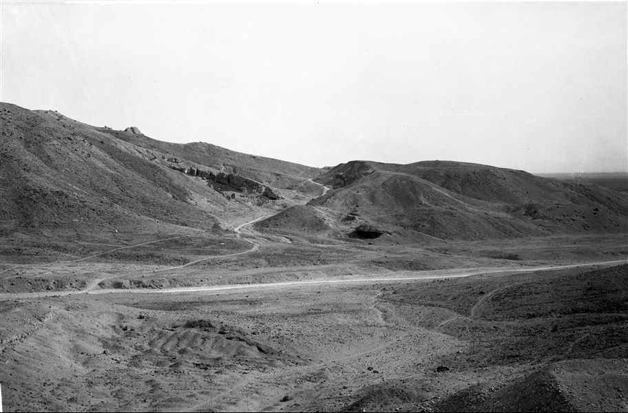Entrance to the pathway leading to the rock-cut sanctuary of Ptah and Meretseger. Photographed from the Valley of the Queens. Schiaparelli excavations.