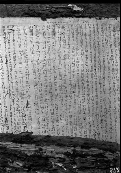 Tomb of Iqer, burial chamber. The lid remains of the outer sarcophagus, with white stucco and inscriptions from the Coffin Texts (G2T). This artefact is documented only by these images. Already being in a fragile state, it was eaten by termites and disintegrated during the attempt to remove it from the tomb. 