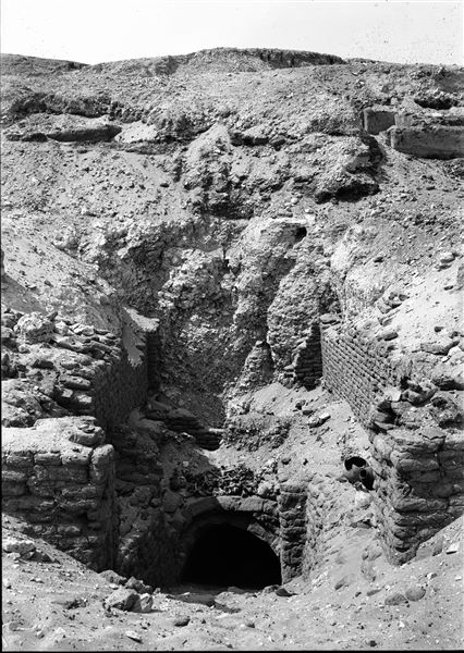 Northern necropolis. Perimeter walls bordering a room leading to a burial shaft. From the limited information available, this could be the tomb of Iqer. Museo Egizio houses some finds from this individual. Above on the right are the remains of the mastaba of Perim. Schiaparelli excavations. 