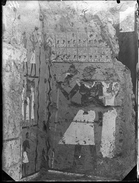 Tomb of Iti and Neferu. The image shows the back wall, left side, from the deceased’s cult chapel. Depicting the couple in an affectionate pose wearing white ceremonial clothes. Iti holds the traditional symbols of authority: a long staff and the kherep sceptre. Schiaparelli excavations.