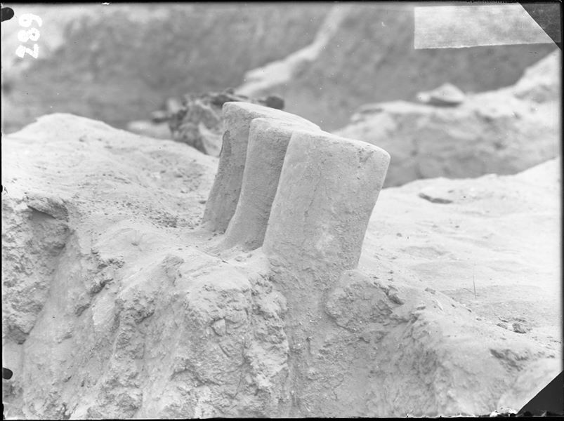 Tomb of Iti and Neferu. Three funerary cones still embedded in the wall where they were inserted. Schiaparelli excavations.     