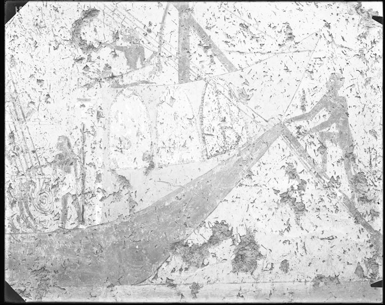 Tomb of Iti and Neferu. Detail of the stern of Iti's large boat, about to set sail. In the foreground, there are shields hanging from the cabin, while one of the crewmen hurries to board the ship. Schiaparelli excavations.