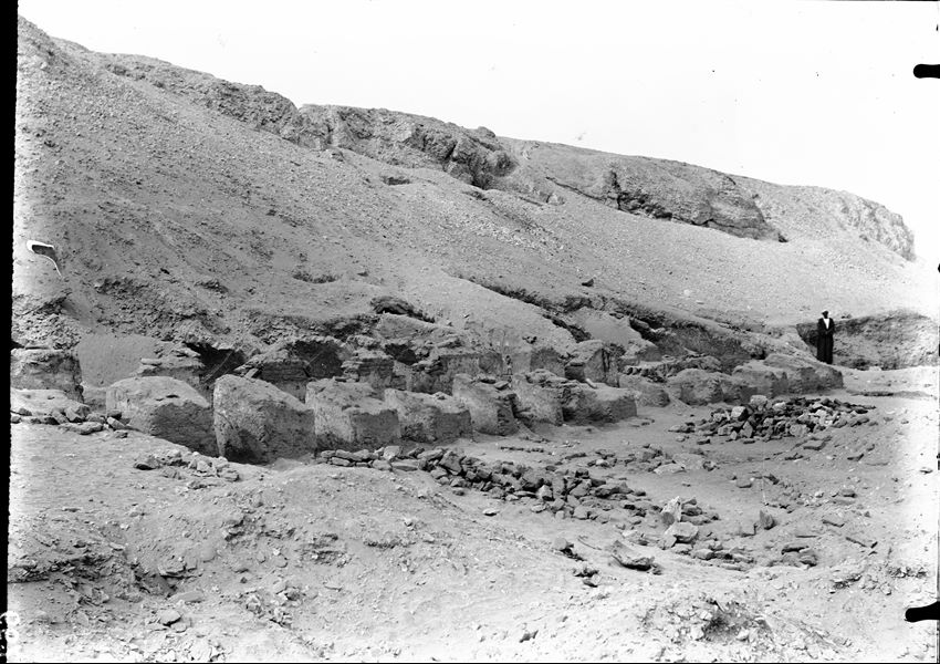 Tomb of Iti "Chief of the troops" and "Treasurer of the King" and his wife Neferu. One of the rare images of the exterior of the tomb taken in early January 1911 by Virginio Rosa, a collaborator of Ernesto Schiaparelli, who was involved in the excavations at Gebelein that year. The photograph was taken immediately before excavating. The bases of the fourteen pillars which bordered the outer portico are already visible. Schiaparelli excavations.