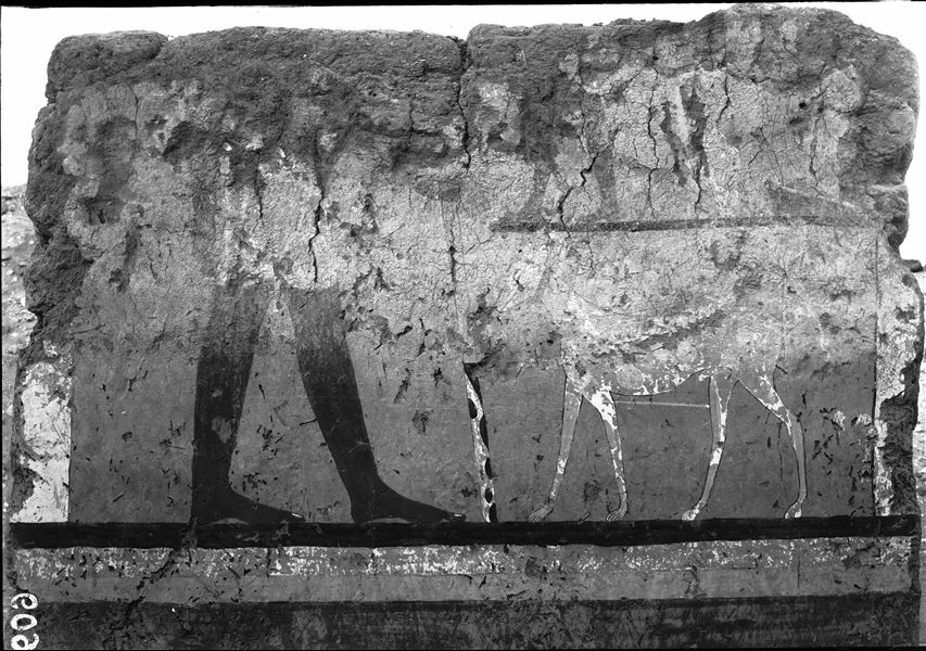 Tomb of Iti and Neferu. Pillar number 9. The deceased is shown standing and holding a staff with its lower end covered in spotted cow skin. In front of him is an elegant greyhound with a red collar, one of five examples of such depicted in the tomb. Schiaparelli excavations.