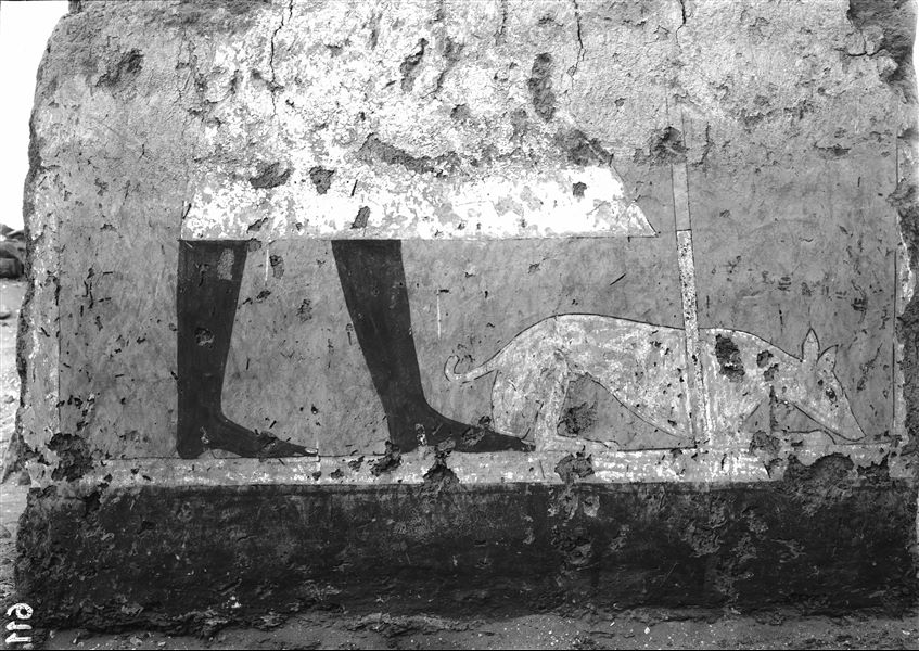 Tomb of Iti and Neferu. Pillar number 10. This painting depicts Iti holding a long staff wearing a large white linen kilt. One of his hounds sniffs the ground at his feet. Schiaparelli excavations.