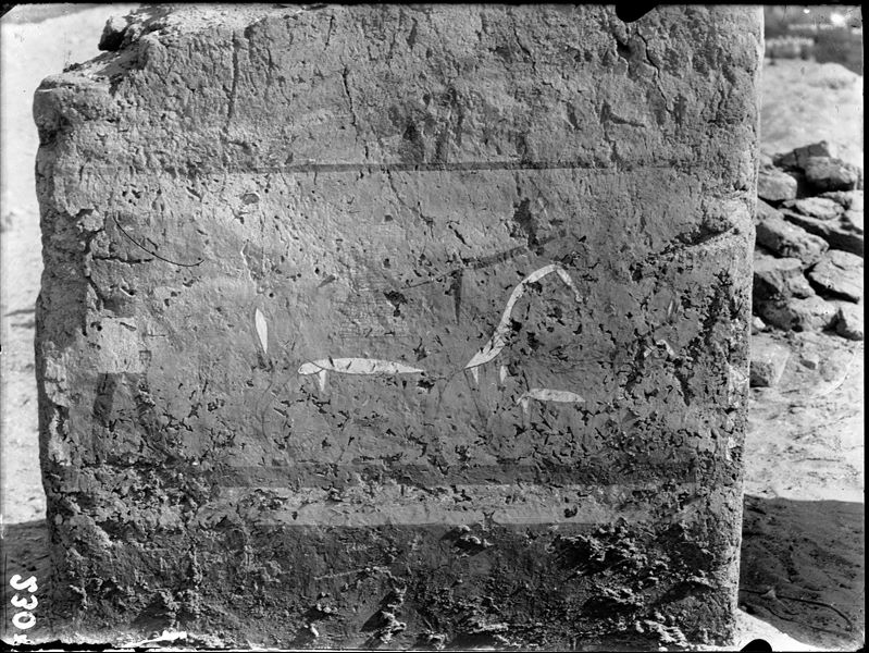 Tomb of Iti and Neferu. Pillar number 13. This poor quality image displays the same scene as in (C.00620). A donkey, together with its young, heads towards the granary with its load of grain, followed by the farmer. Schiaparelli excavations. 