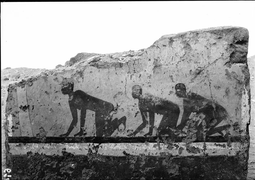 Tomb of Iti and Neferu. Pillar number 11. Three young male figures are depicted kneeling, their nudity suggests that they are war captives. Schiaparelli excavations.