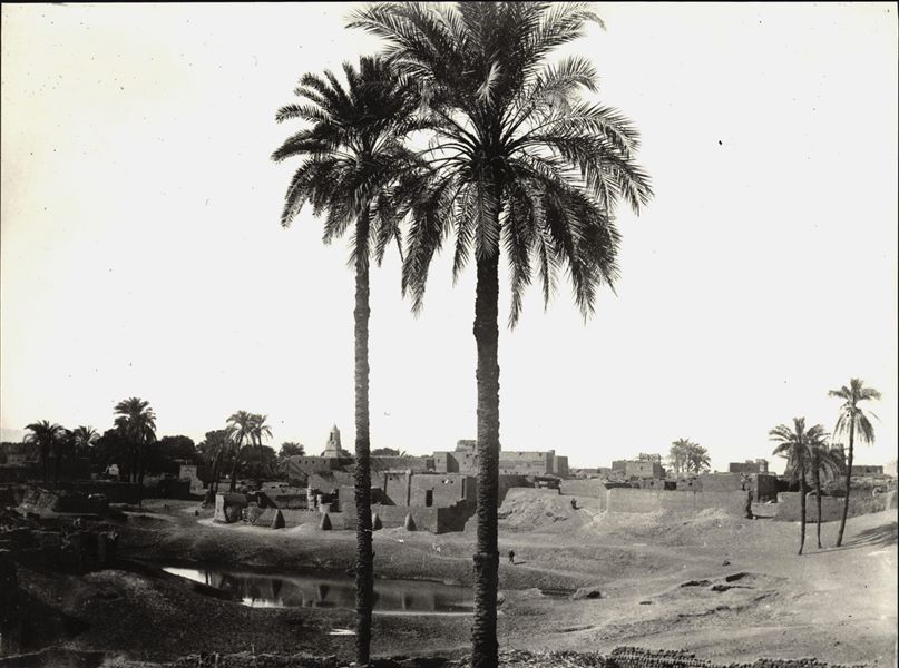 Partial view of the village of Naga el- Gherira, the minaret of the local mosque is visible on the left. Schiaparelli excavations.