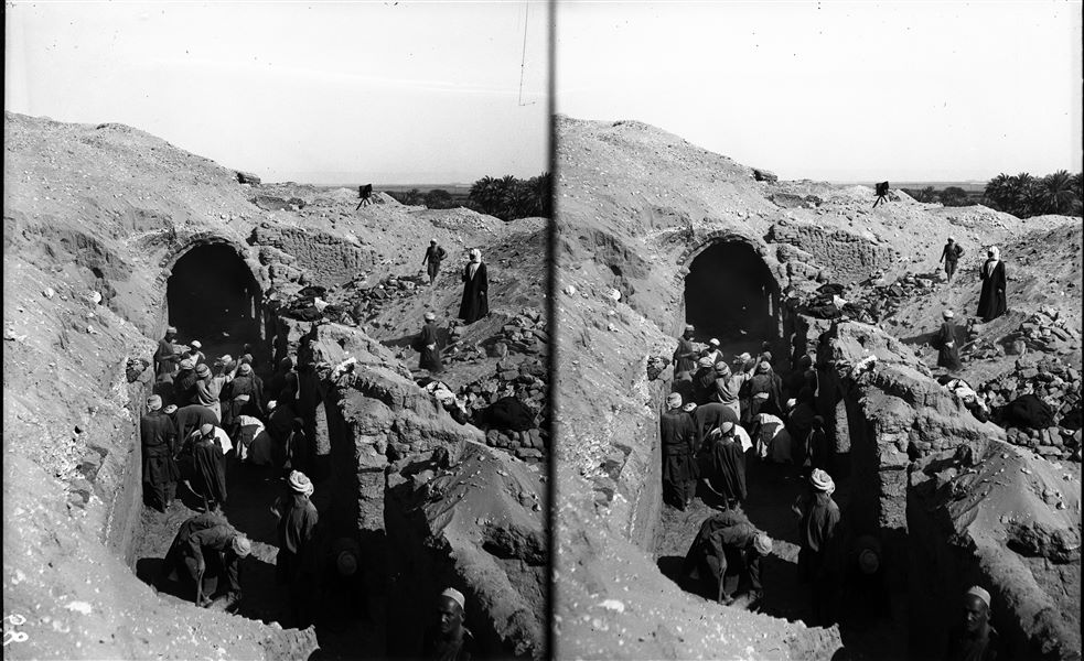 Mud-brick tomb with portico. Excavations. Visible in the background is the retaining wall of the courtyard in front of the tomb. Schiaparelli excavations. 