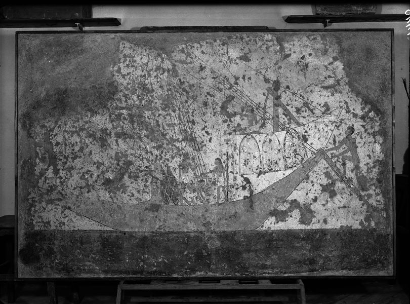 Tomb of Iti and Neferu. Museum display. The painting, rich in detail, shows a large boat about to set sail. This depiction could be linked to one of Iti’s activities, as being the "Chief of troops" also required long journeys. Schiaparelli excavations. (S.14354/07)