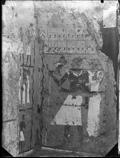Tomb of Iti and Neferu. The image shows the back wall, left side, from the deceased’s cult chapel. Depicting the couple in an affectionate pose wearing white ceremonial clothes. Iti holds the traditional symbols of authority: a long staff and the kherep sceptre. Schiaparelli excavations.