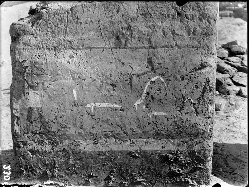 Tomb of Iti and Neferu. Pillar number 13. This poor quality image displays the same scene as in (C00620). A donkey, together with its young, heads towards the granary with its load of grain, followed by the farmer. Schiaparelli excavations. 