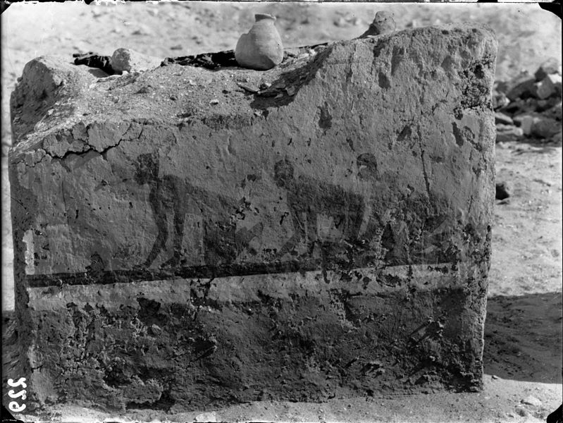 Tomb of Iti and Neferu. Pillar number 11. Three young male figures are depicted kneeling, their nudity suggests that they are war captives. Schiaparelli excavations.