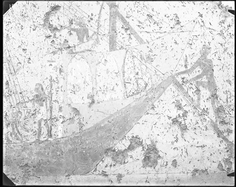 Tomb of Iti and Neferu. Detail of the stern of Iti's large boat, about to set sail. In the foreground, there are shields hanging from the cabin, while one of the crewmen hurries to board the ship. Schiaparelli excavations.