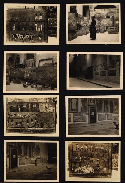 Paintings removed from the decorated tomb of Iti and Neferu at Gebelein in 1914. The image shows the installation of the paintings in the cloister of the Church of Sant' Apollonia in Florence, during an exhibition organised in 1924 by Fabrizio Lucarini, who had supervised their restoration.