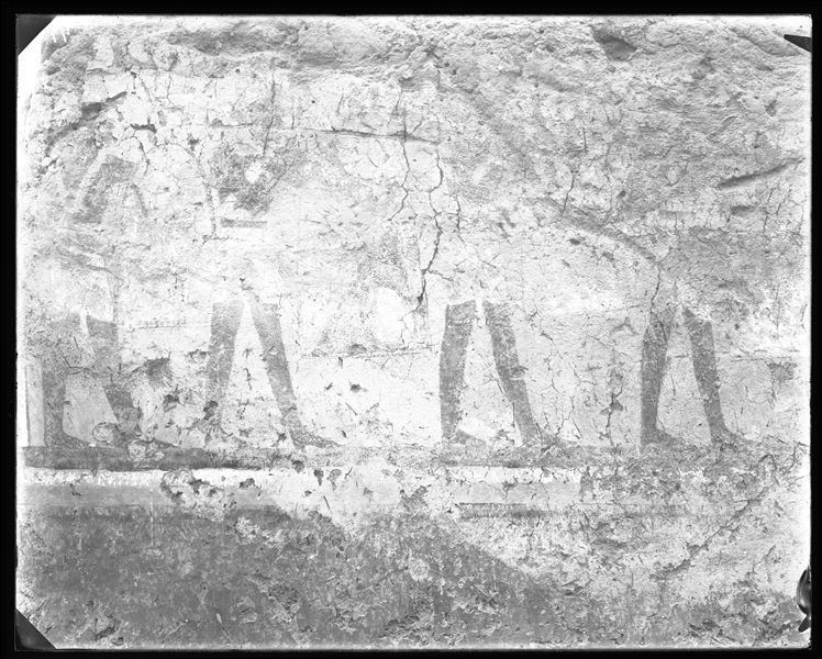 Tomb of Iti and Neferu. Pillar number 3. Four soldiers are shown wearing their characteristic clothing with crossed bands on their chests and carrying large shields made of wood and leather. Schiaparelli excavations.