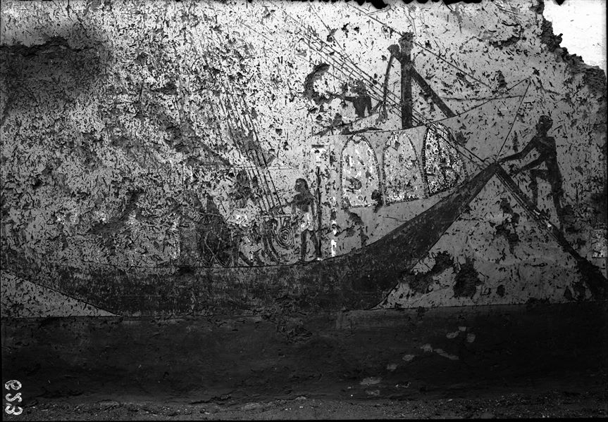 Tomb of Iti and Neferu. The painting, rich in detail, shows a large boat about to set sail. This depiction could be linked to one of Iti’s activities, as being the "Chief of troops" also required long journeys. Schiaparelli excavations.
