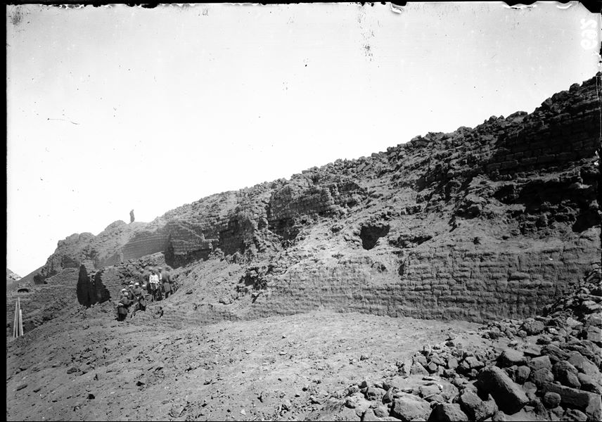 Excavations along the slopes on the western side of the southern hill, during works. Notable are the large steps bordering the top of the hill. Schiaparelli excavations. 