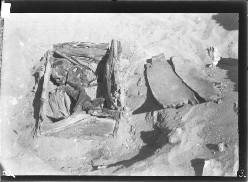 Scattered burials in the desert area north of northern hill. The photograph shows the moment of discovering a wooden box containing a burial. Farina excavations. 