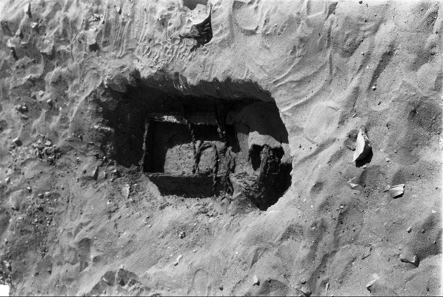 Scattered burials in the desert area north of the northern hill. The photograph documents the discovery of a basket burial with two handles. Farina excavations. 