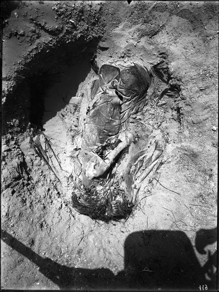 Burials scattered in the desert area north of the northern hill. A large basket, almost completely lost, containing the body of a deceased individual wrapped in cloth, ​​ placed on its side in a contracted position. Farina excavations. 