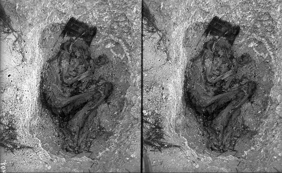 Scattered burials in the desert area north of the northern hill. The deceased, already depicted in photograph DD00109, was wrapped in a mat in a contracted position. Traces of the mat still remain on the body. A ceramic fragment containing some unidentifiable spherical objects was placed near the deceased’s head. Farina excavations. 