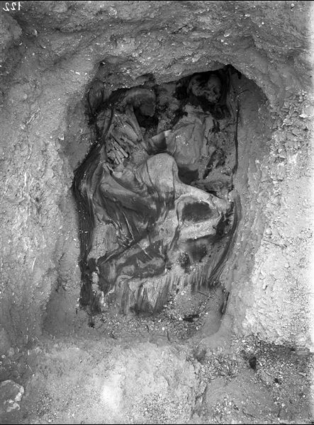 Scattered burials in the desert area north of the northern hill. Basket burial of an adult in a contracted position. Farina excavations. 