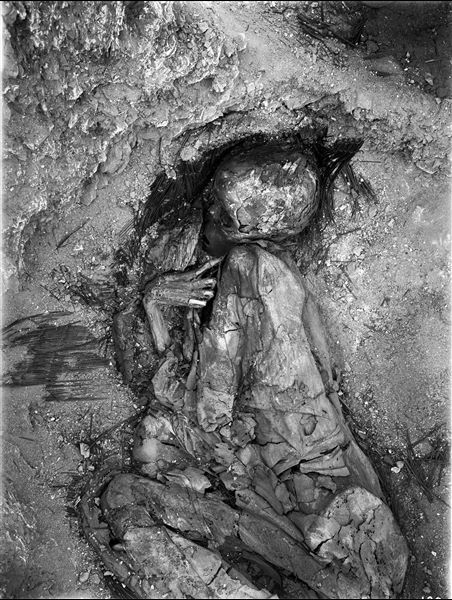 Scattered burials in the desert area north of the northern hill. The discovery of this burial must have been of great interest to Giovanni Marro, the anthropologist on the mission, as this find is documented in five different images. It is a basket burial in a contracted position. The individual is wrapped in cloth, and has their right index finger positioned near their face. Farina excavations. 