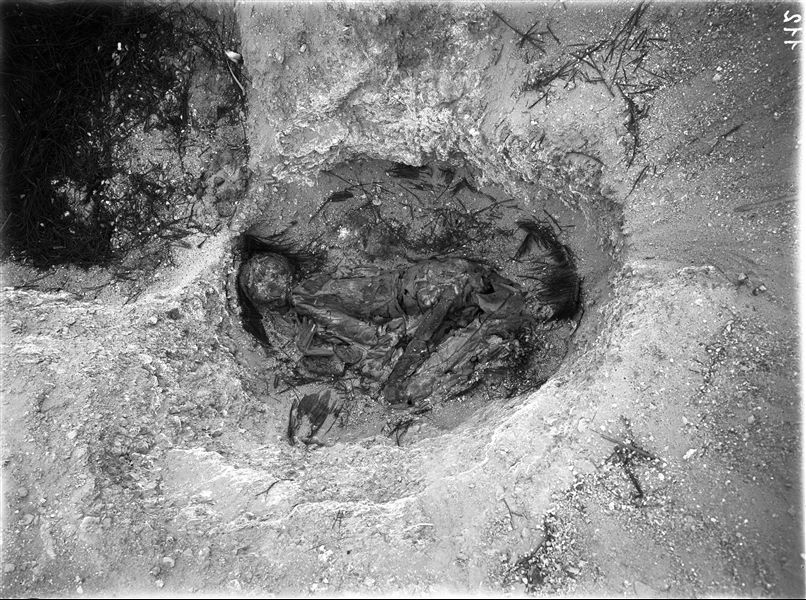 Scattered burials in the desert area north of the northern hill. The discovery of this burial must have been of great interest to Giovanni Marro, the anthropologist on the mission, as this find is documented in five different images. It is a basket burial in a contracted position. The individual is wrapped in cloth, and has their right index finger positioned near their face. Farina excavations. 
