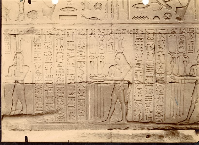 Wall reliefs from the interior rear walls of the Temple of Horus at Edfu, from the Ptolemaic Period. 