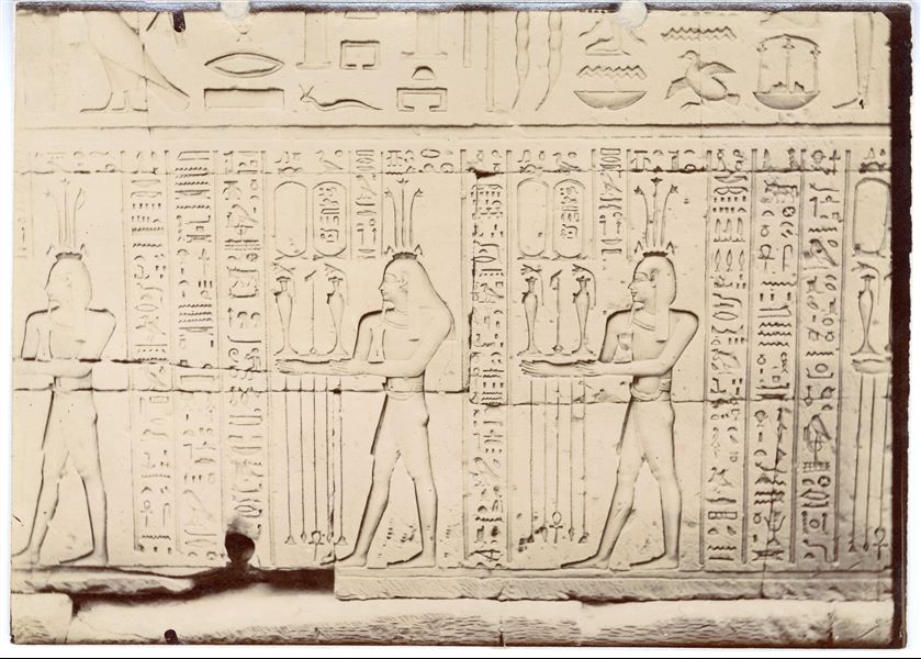 Wall reliefs from the interior rear walls of the Temple of Horus at Edfu, from the Ptolemaic Period. 