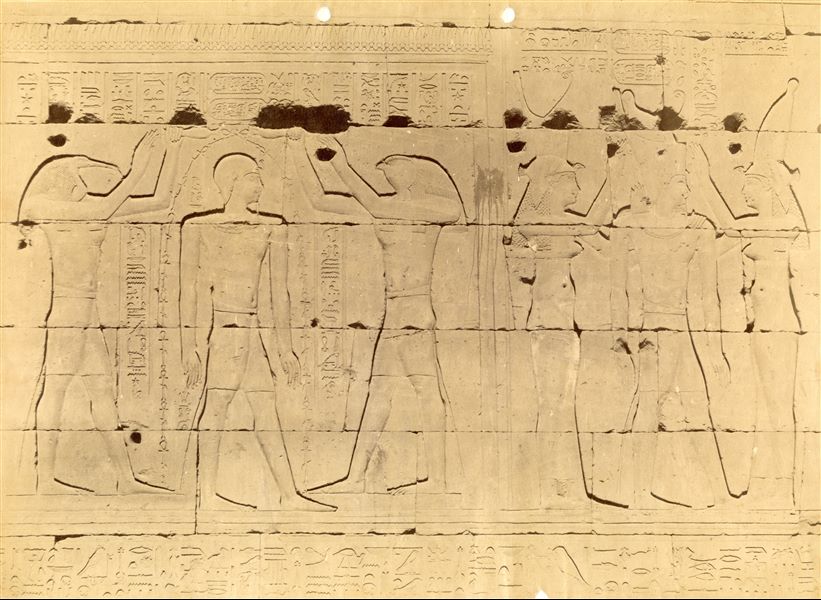 La fotografia riprende alcune scene dalle pareti del perimetro esterno orientale del tempio di Horus a Edfu. 