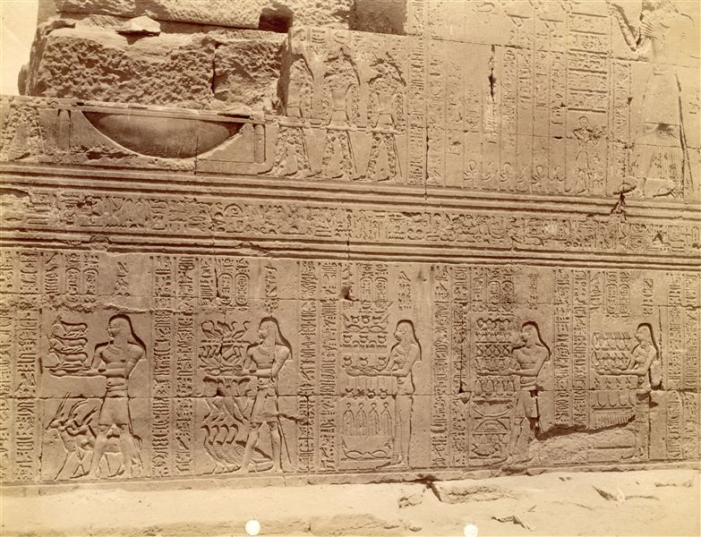 La fotografia propone alcuni testi e scene dalle pareti esterne del tempio di Sobek e Haroeris a Kom Ombo.