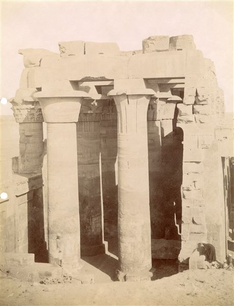 La fotografia mostra la veduta da sud-est delle rovine dell'atrio ipostilo interno nel tempio di Sobek e Haroeris a Kom Ombo. La firma dell'autore è apposta in basso a destra, con grafia speculare.  