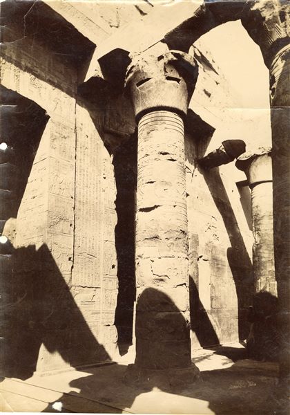 The image shows a detail of the colonnade in the hypostyle hall from the Temple of Sobek and Haroeris at Kom Ombo. The signature of the author (mirrored) can be found at the bottom right. 