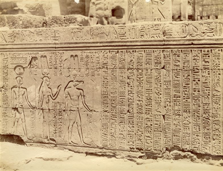 La fotografia rappresenta una scena e un testo dalla parete esterna dell'atrio colonnato (visibile sullo sfondo) del tempio di Sobek e Haroeris a Kom Ombo.  