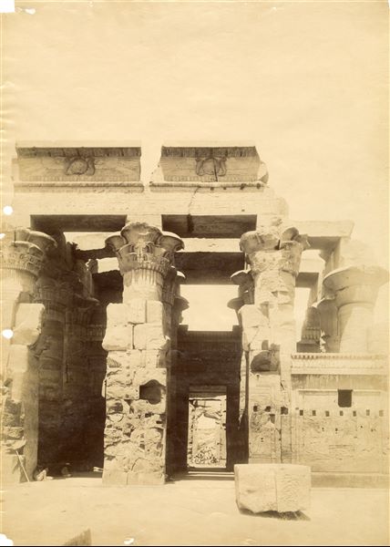 The photograph offers a view of the interior of the hypostyle hall of the Temple of Sobek and Haroeris at Kom Ombo, seen frontally from the entrance to the sanctuary.  The image displays the mirrored signature of the author at the bottom right.